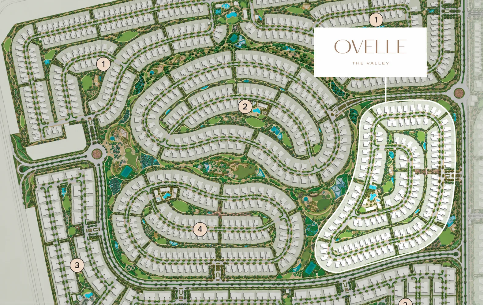 Lunaya masterplan showing lagoons, parks, villas and Lunaya Terraces